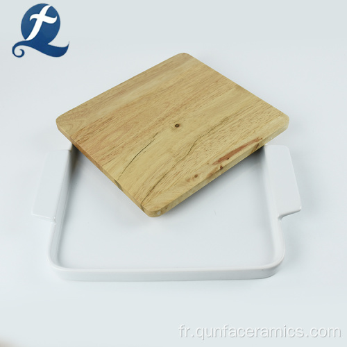Assiette à dîner en céramique multifonctionnelle rectangulaire blanche en gros avec planche de bois